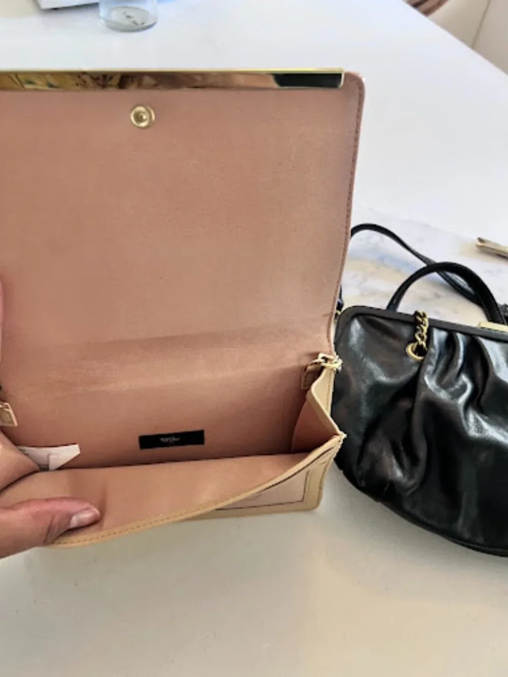 Set of 2 Evening Purses - Metallic rose-gold clutch & Soft black gathered purse